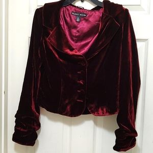 BLANC NOIR Women's Burgundy Velvet Jacket with Lapel, Size Medium,Missing Button